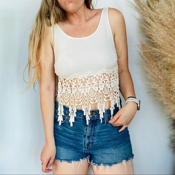 3/$20 PHANUEL NORDSTROM Cream White Crochet Lace Backless Crop Tank Top Shirt S - Picture 1 of 6